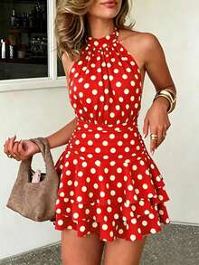 dressdressdressSHEIN PariChic Vestido elegante y romántico de cuello halter, cintura ajustada, vestido corto con volantes plisados en albaricoque y blanco, nuevo vestido de primavera/vedress - Rojo 2 - Ver 7