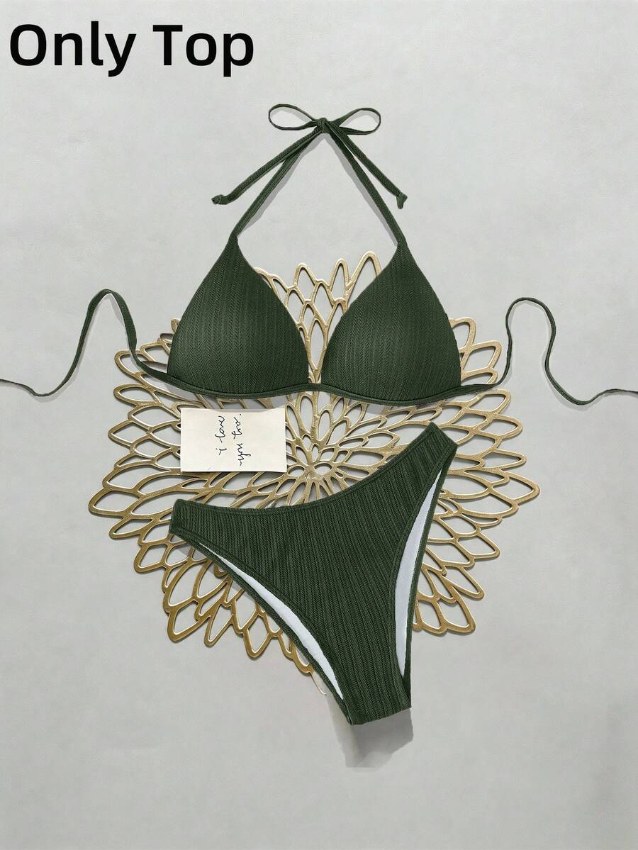 Swim Vcay 女士纯色军绿色挂脖比基尼上衣无袖超短款面料系带后背泳装比基尼套装,适合女性穿着。 - 軍綠色 - 查看 1