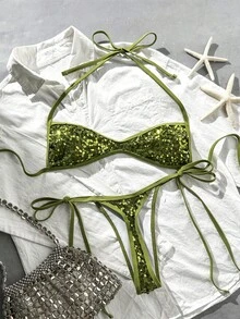 Costavie 2pcs Spring/Summer Beach Vacation Sequin Textured Fabric Halter Bandeau Top & Side Tie String Thong Bikini Set - Olive Green - View 7