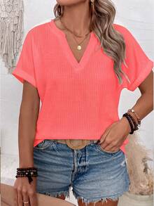 EMERY ROSE Fashion Casual Basic Waffle Fabric V-Neckline Rolled Cuff Design Plus Size T-Shirt - Red - View 5
