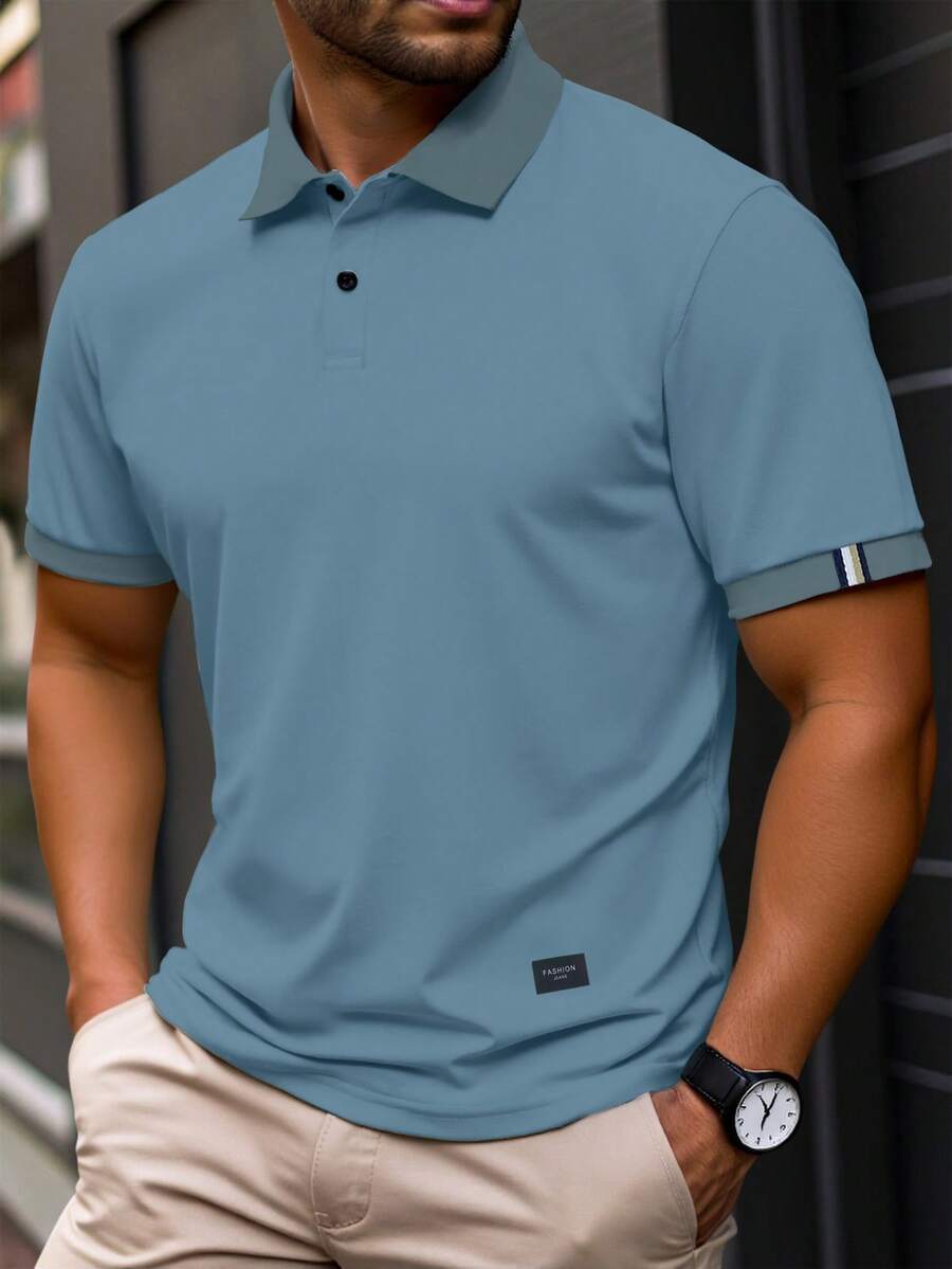 Manfinity Homme Camisa Polo de Manga Corta de unicolor Casual de Verano para Hombres Talla Grande, Formal - Neblina azul - Ver 1