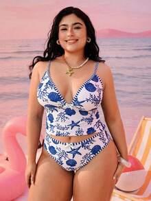 Swim Mod 大尺碼女款 2 件式隨機幾何方格印花時尚度假顯瘦收腹保守蝴蝶結高腰比基尼 海軍藍 夏季 - 藍色 - 查看 5