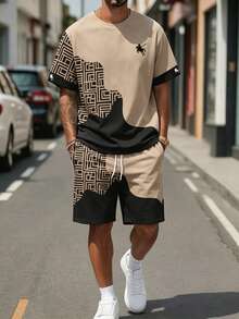 Sorvial Men's Geometric Colorblock Print T-Shirt And Shorts Set, Suitable For Summer Outings - Khaki - View 1