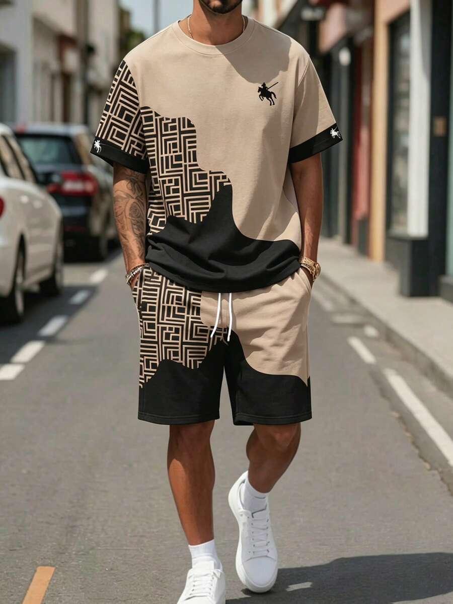 Sorvial Men's Geometric Colorblock Print T-Shirt And Shorts Set, Suitable For Summer Outings - Khaki - View 1