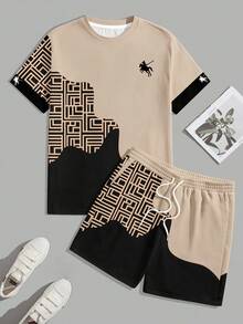 Sorvial Men's Geometric Colorblock Print T-Shirt And Shorts Set, Suitable For Summer Outings - Khaki - View 2