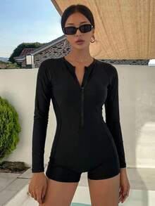 DAZY 女款圓領長袖純黑色街頭休閒連身泳衣 夏季 - 黑色 - 查看 2