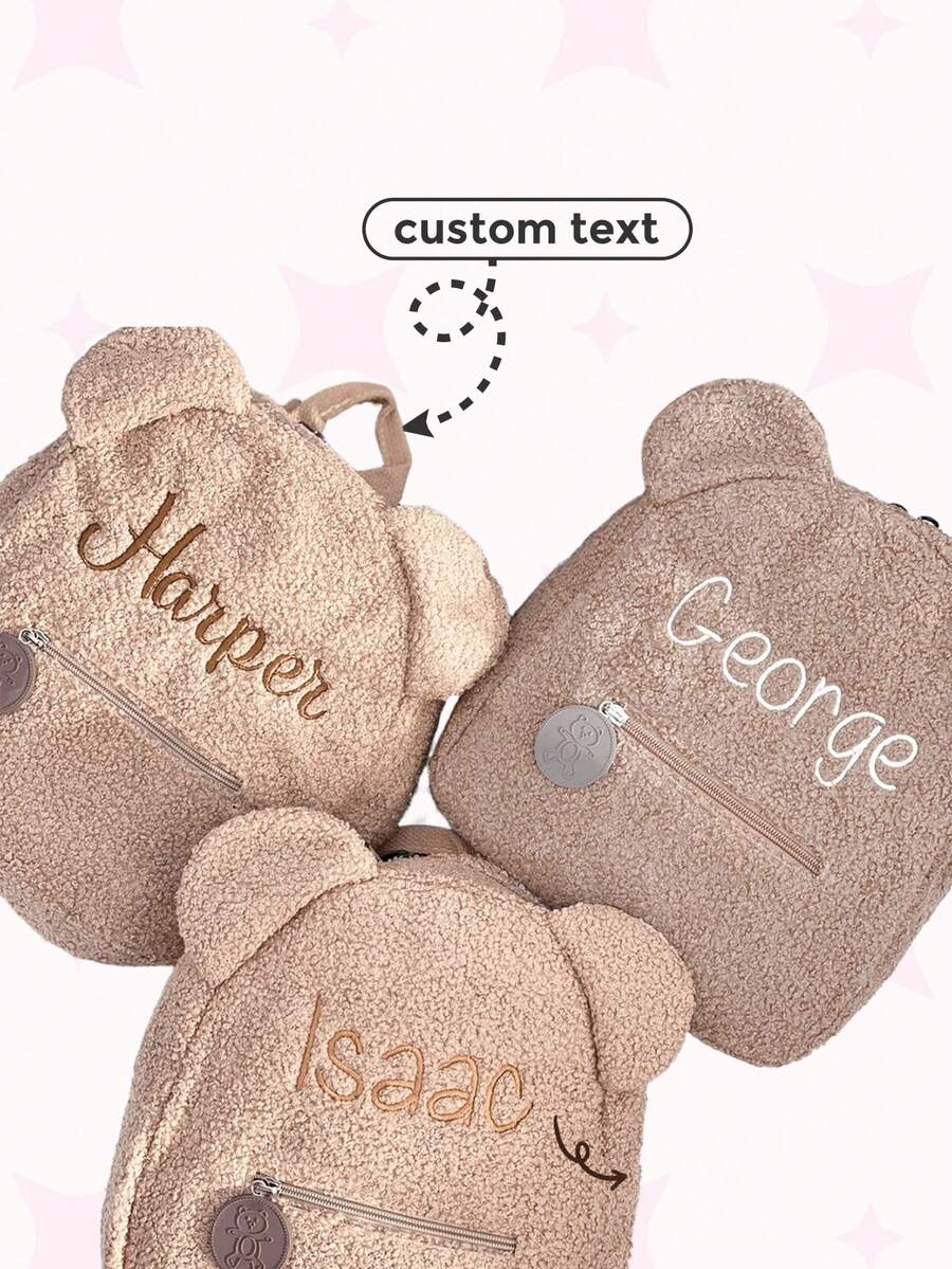 Teddy Bear Toddler Backpack, Custom Name Embroidered Kids Bag, Plush Back To School Winter Gift, Toddler Daycare Bag, Preschool Book Bag - Apricot - View 1