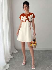 SHEIN Elenzya Standard Size Exquisite Elegant Women's Daily Casual Formal Commute Family Gathering Short Sleeve Dress - Multicolor - View 6
