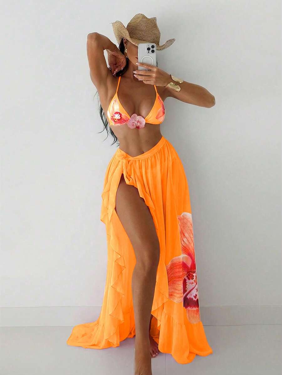 Swim SXY 夏季海灘女款三件式泳衣套裝,粉色蘭花印花,仿真花飾,掛脖上衣,比基尼泳褲,美人魚長裙,性感泳裝套裝 - 橘色 - 查看 1