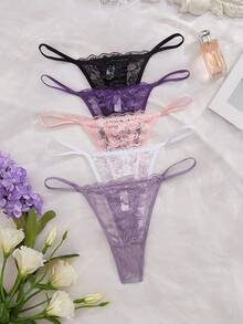 SHEIN 5pcs/Set Sexy Lace Women's Thong Comfortable Panties - Multicolor - View 3