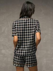 SHEIN Plaid Print Lapel Short Sleeve & Shorts Ladies Pajama Set - Black - View 5