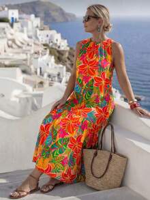 GlowEve CURVE Plus Size Women Tropical Plant Print Sleeveless Casual Dress Vacation Yellow Summer - Multicolor - View 5