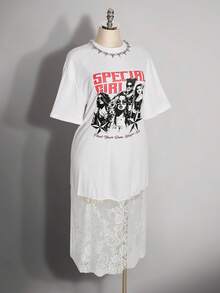 SHEIN ICON Women's Plus Size Lace Patchwork Letter Print Casual Cowboy Date Date Night Outing Dress White Summer - White - View 4