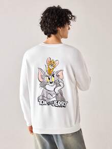 Strevion TOM & JERRY 男士休闲汤姆和杰瑞字母印花圆领长袖卫衣，春秋季 - 白色 - 查看 2