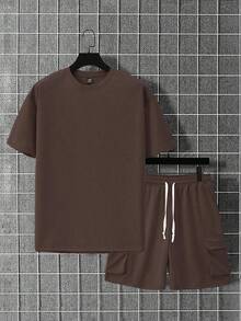 Manfinity Homme Plus Size Men's Solid Color Crew Neck Short Sleeve Top And Drawstring Pocket Shorts Set - Coffee Brown - View 3
