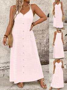 SHEIN LUNE Women's Plus Size Solid Color Spaghetti Strap Vacation Style Dress - Pink - View 1