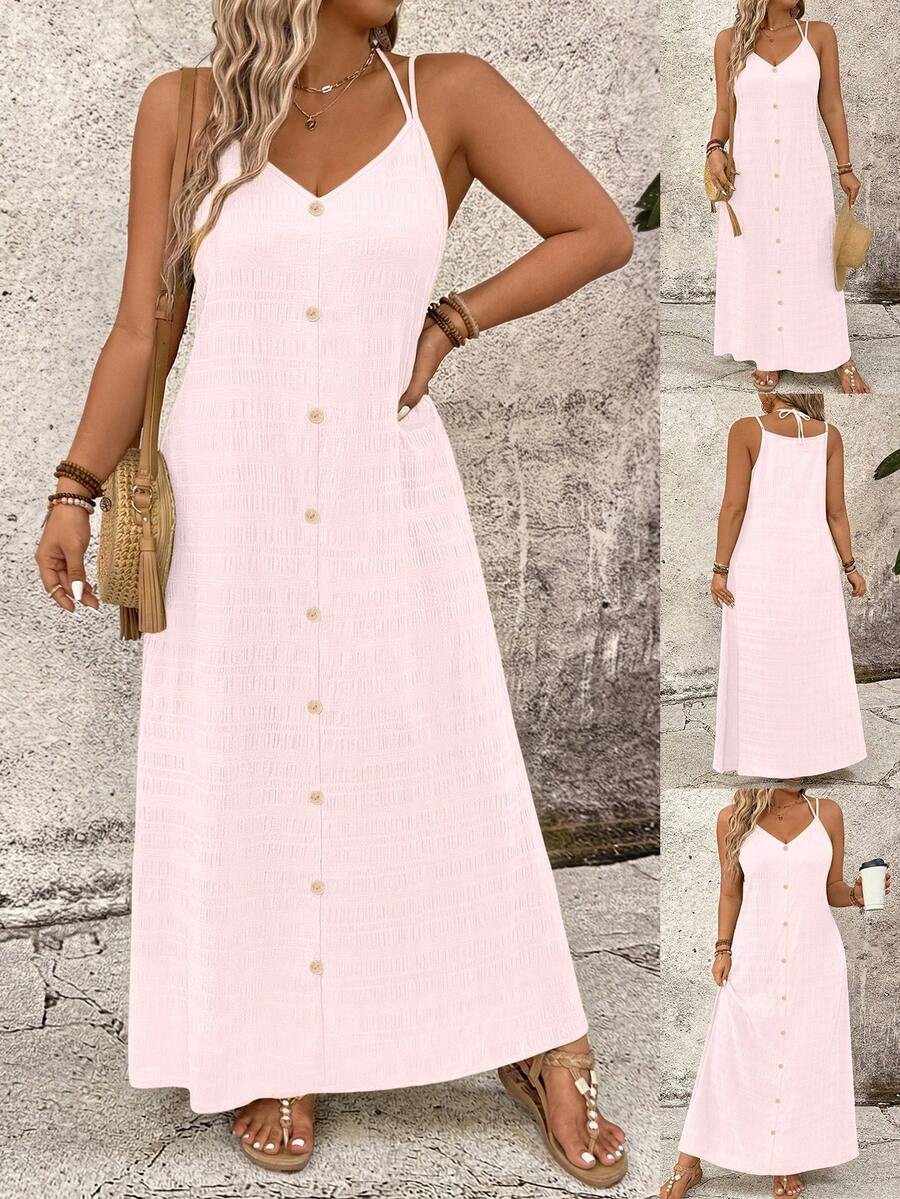 SHEIN LUNE Women's Plus Size Solid Color Spaghetti Strap Vacation Style Dress - Pink - View 1