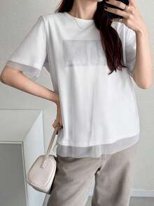 FRIFUL Women's Summer Spring/Autumn Solid Color Patchwork Sheer Mesh Loose Casual Versatile T-Shirt - Grey - View 6