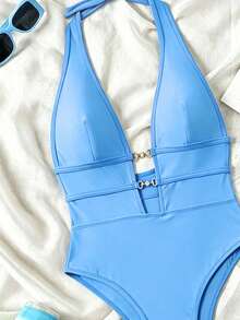 Springbreak Swim SXY 女款黑色深V掛脖性感一件式泳衣 節慶波希米亞風 - 藍色 - 查看 4