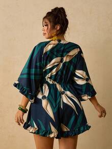 Travachic Plus Size Holiday Solid Color Batwing Sleeve, Ruffle Hem, Tie Waist Jumpsuit Fall - Multicolor - View 2