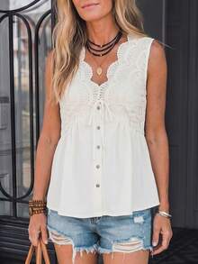 LanaWest Women's Off White Scallop Lace Patchwork Sleeveless Babydoll Tank Top, Tie Front V Neck Button Detail Blouse For Summer Vacation Beach Going Out - Apricot - View 6