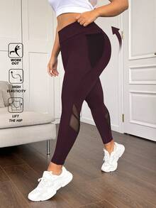 Rhythm Era Mesh Patchwork High Waist Tummy Control Butt Lifting Leggings With Mesh Side Pockets - Burgundy - View 4