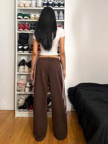Muchica Patchwork Striped Elastic Waist Brown Checkered Knit Wide Leg Sweatpants Daily Summer Sporty - Multicolor - View 2