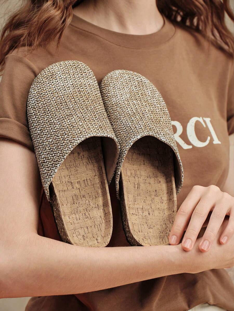 Solecia Women's Shoes Spring And Summer New Woven Grain Pattern, Round Toe Design, Backless, Comfortable And Simple Vacation, Women's Flat Shoes, Essential For Commuting, Casual Versatile, Dating, Afternoon Tea - Brown - View 1
