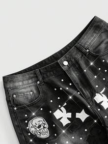 ROMWE MEN Men's Embroidered Gothic Hip Hop Pocket Denim Shorts - Black - View 5