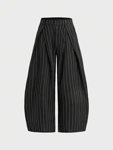 SWAVVY Pantalones anchos y sueltos con rayas y pliegues para hombre con bolsillos, para cena - Negro - Ver 2