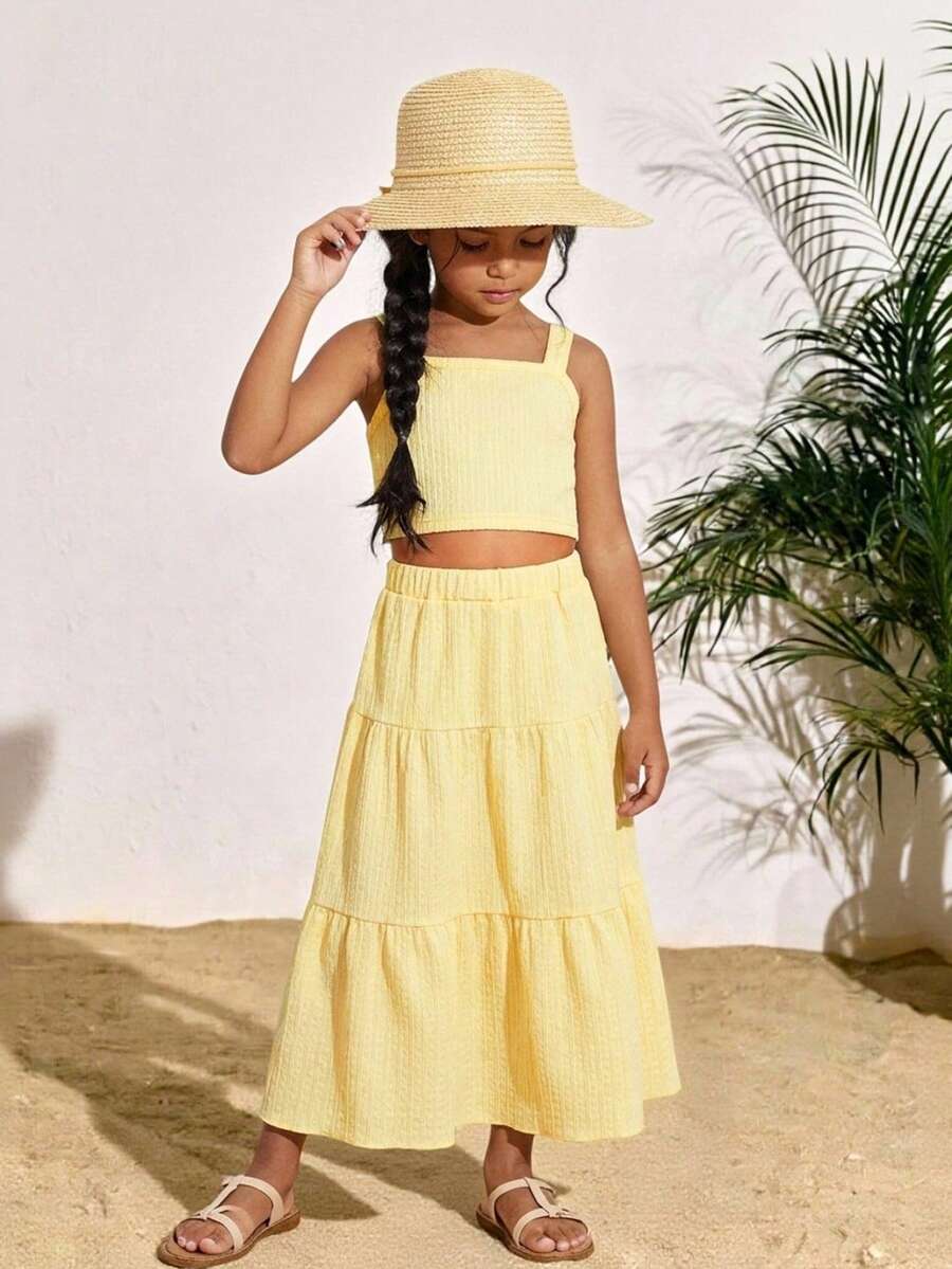 SHEIN Elladie kids 夏季新款素色紋理甜美優雅吊帶上衣與素色紋理蛋糕裙2件套，夏季女孩新款2件套套裝，女孩洋裝套裝