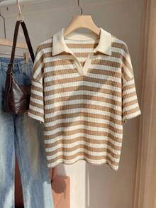 Comfortcana Striped Pattern Polo Collar Plus Size Short Sleeve T-Shirt Suitable For Summer Wear - Brown - View 2