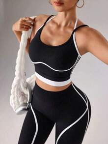 SHEIN Dewbera 無縫高彈力瑜珈健身女款運動對比色休閒日常套裝 - 黑色 - 查看 7