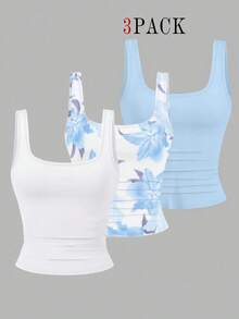 EMERY ROSE 3pcs Plus Size Women's Casual Solid Color & Full Printed Pattern Sleeveless Vest Set, Summer - Multicolor - View 1