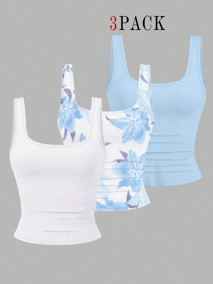 EMERY ROSE 3pcs Plus Size Women's Casual Solid Color & Full Printed Pattern Sleeveless Vest Set, Summer - Multicolor - View 1