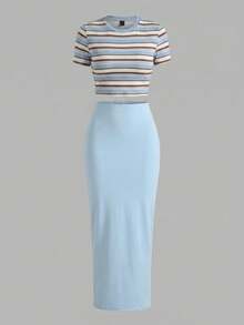 Slaydiva Plus Size Striped Contrast Pattern Fitted Short Sleeve Crew Neck T-Shirt And Blue Slim Fit Maxi Skirt 2-Piece Set, Music Festival, Party - Multicolor - View 6
