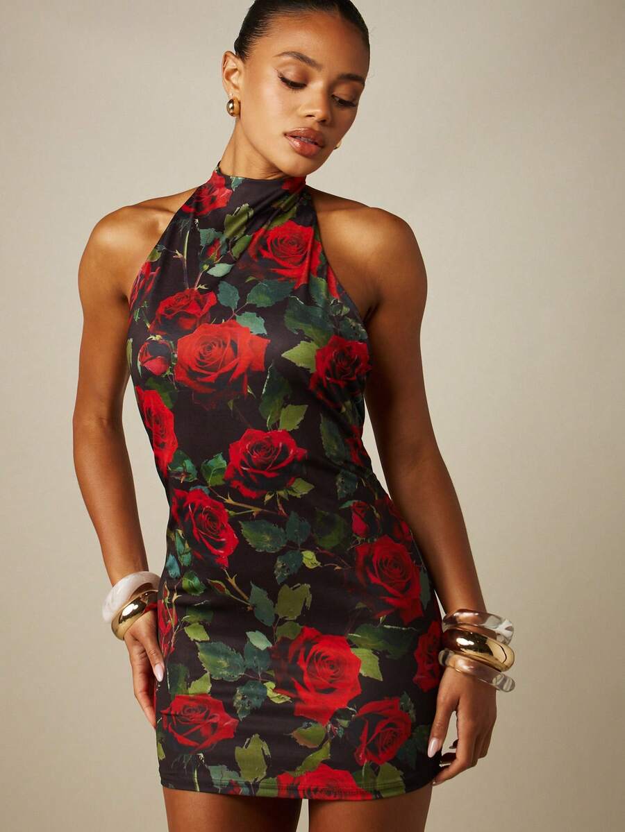 MISSGUIDED Halter Neck Bodycon Rose Floral Print Mini Dress Backless Evening Party Sleeveless Summer - Multicolor - View 1