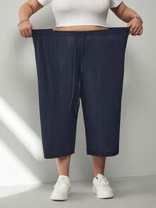 SHEIN CURVE+ Plus Size Women's Navy Blue Lightweight Ice Silk Knit Ribbed Casual Pants, With Pockets, Drawstring Waist, Loose Fit, Suitable For Summer Hiking - Navy Blue - View 8