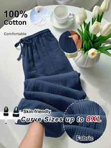 SHEIN CURVE+ 大尺碼US22音樂節、海邊度假、波西米亞風女款夏季休閒沙灘套裝，時尚商務通勤優雅寬腿口袋長褲，蓮花粉色，夏季長褲/鄉村/海邊度假套裝/沙灘套裝/沙灘穿搭 - 霧霾藍 - 查看 1
