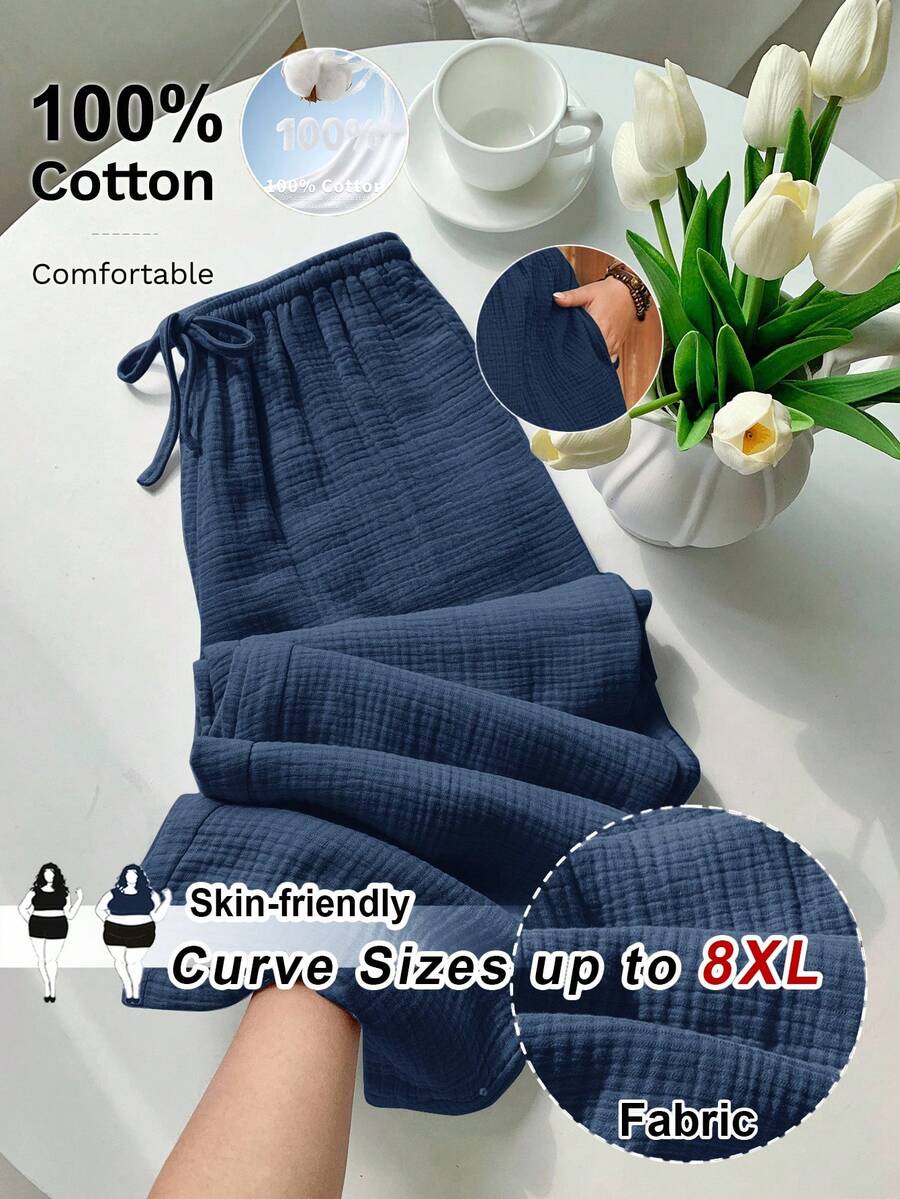 SHEIN CURVE+ 大尺碼US22音樂節、海邊度假、波西米亞風女款夏季休閒沙灘套裝,時尚商務通勤優雅寬腿口袋長褲,蓮花粉色,夏季長褲/鄉村/海邊度假套裝/沙灘套裝/沙灘穿搭 - 霧霾藍 - 查看 1
