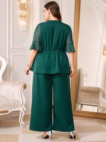 Reflora Conjunto de dos piezas de camisa y pantalones con decoración de diamantes de imitación elegante para fiesta de talla grande - Verde - Ver 3