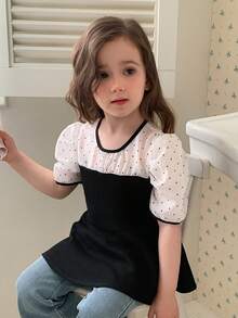 Dazy Kids Contrast Color Patchwork Puff Sleeve Cute Waist-Cinching Young Girls Blouse Summer - Black and White - View 8