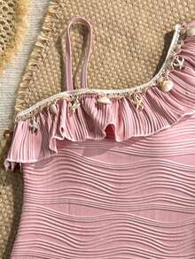 SHEIN Traje de baño de una pieza con decoración de concha fruncida y falda para niña preadolescente, adecuado para vacaciones en la playa, fiesta en la piscina, fiesta en la playa - Rosa - Ver 3