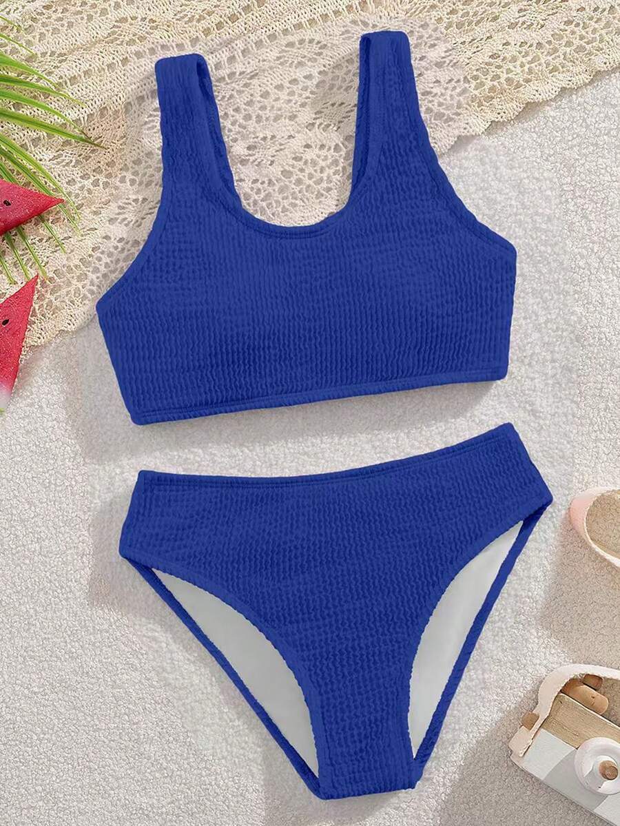 SHEIN Set Bikini untuk Anak Perempuan Remaja, Set Baju Renang Modis dan Sopan dari Kain Rajut Bergelombang, Cocok untuk Liburan, Berenang, dan Pantai Musim Panas - Royal Blue - View 1