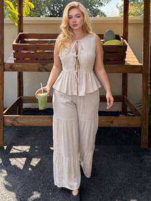 Dripcurv Plus Size Casual Summer Versatile Women 2 Pieces Set With Ruffles, Includes Blouse & Pants, Suitable For Daily Wear & Beach Vacation - Apricot - View 4