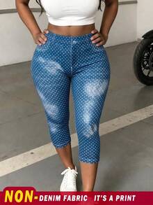 INAWLY Plus Size Women Denim Effect Print Pocket Capri Leggings - Black - View 1