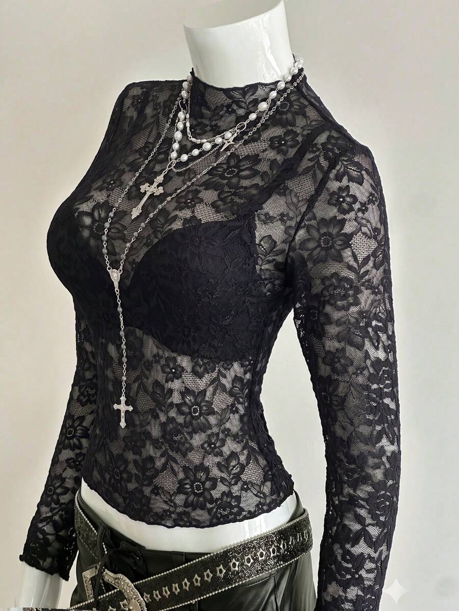 SHEIN Unity Modisches schwarzes sexy Damen-Spitzen-Top - Schwarz - Übersicht 1