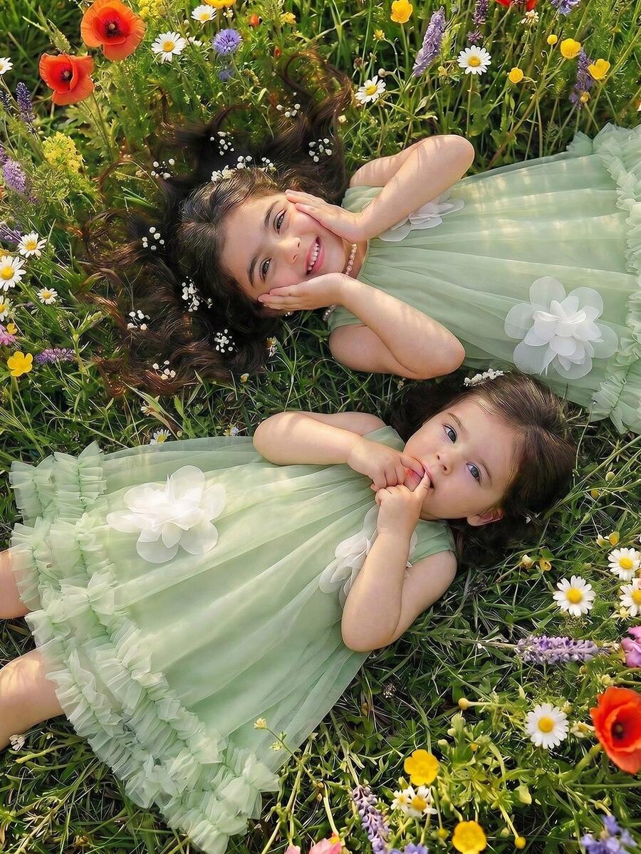 SHEIN Glamorique Kids 女嬰夏季綠色無袖碎花洋裝，甜美可愛風，優雅正式穿著，適合秋季