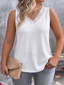 EMERY ROSE Women's Spring/Summer New Hot-Selling Lace Trim Patchwork V-Neck Casual Versatile Plus Size Tank Top - White - View 3