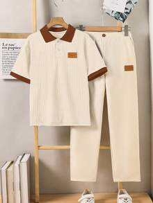 SHEIN 2件組青少年男孩紳士短袖POLO衫+長褲套裝，優雅正式服裝，適用於生日派對、晚間活動、表演、婚禮、滿月、洗禮、1歲生日、生日、婚禮、畢業典禮、婚禮賓客、花童、戒童 - 杏色 - 查看 3